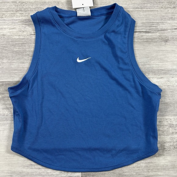 NIKE‎ SPORTSWEAR CHILL KNIT WOMEN'S SMALL TIGHT CROPPED MINI-RIB TANK TOP BLUE - Picture 1 of 9